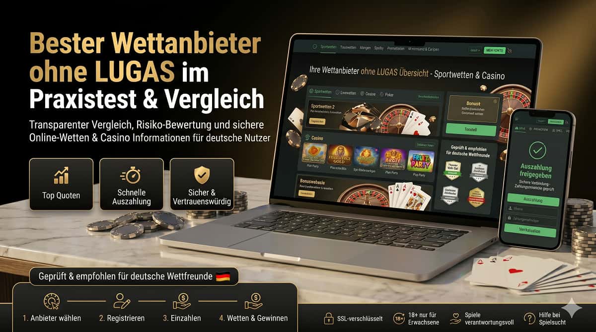 Ein Premium-SEO-Heldenbanner für deutsche Wettfreunde mit Informationen über Wettanbieter ohne LUGAS und Casino-Optionen.